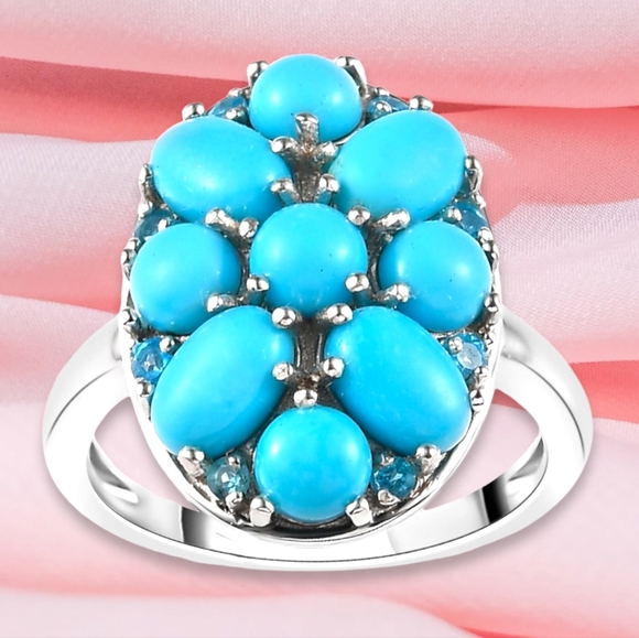 NWT AMERICAN SLEEPING BEAUTY TURQUOISE & NEON APATITE PLATINUM PLATED .925 RING